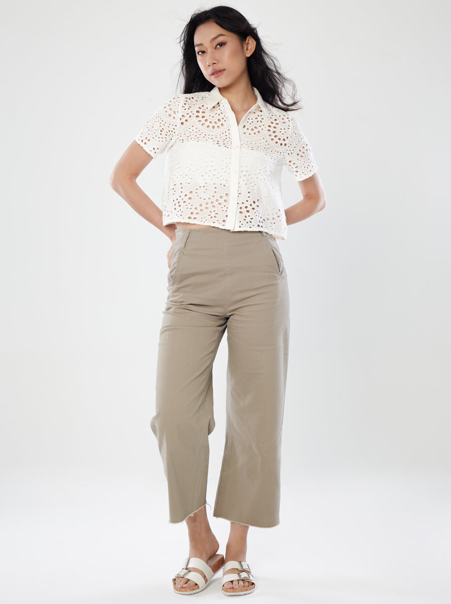 Wide-Leg Cut Pants with Frilled Hem