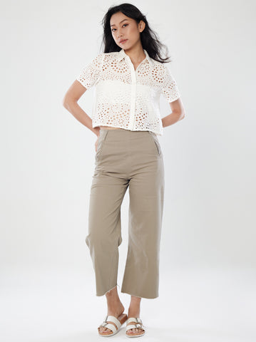 Wide-Leg Cut Pants with Frilled Hem