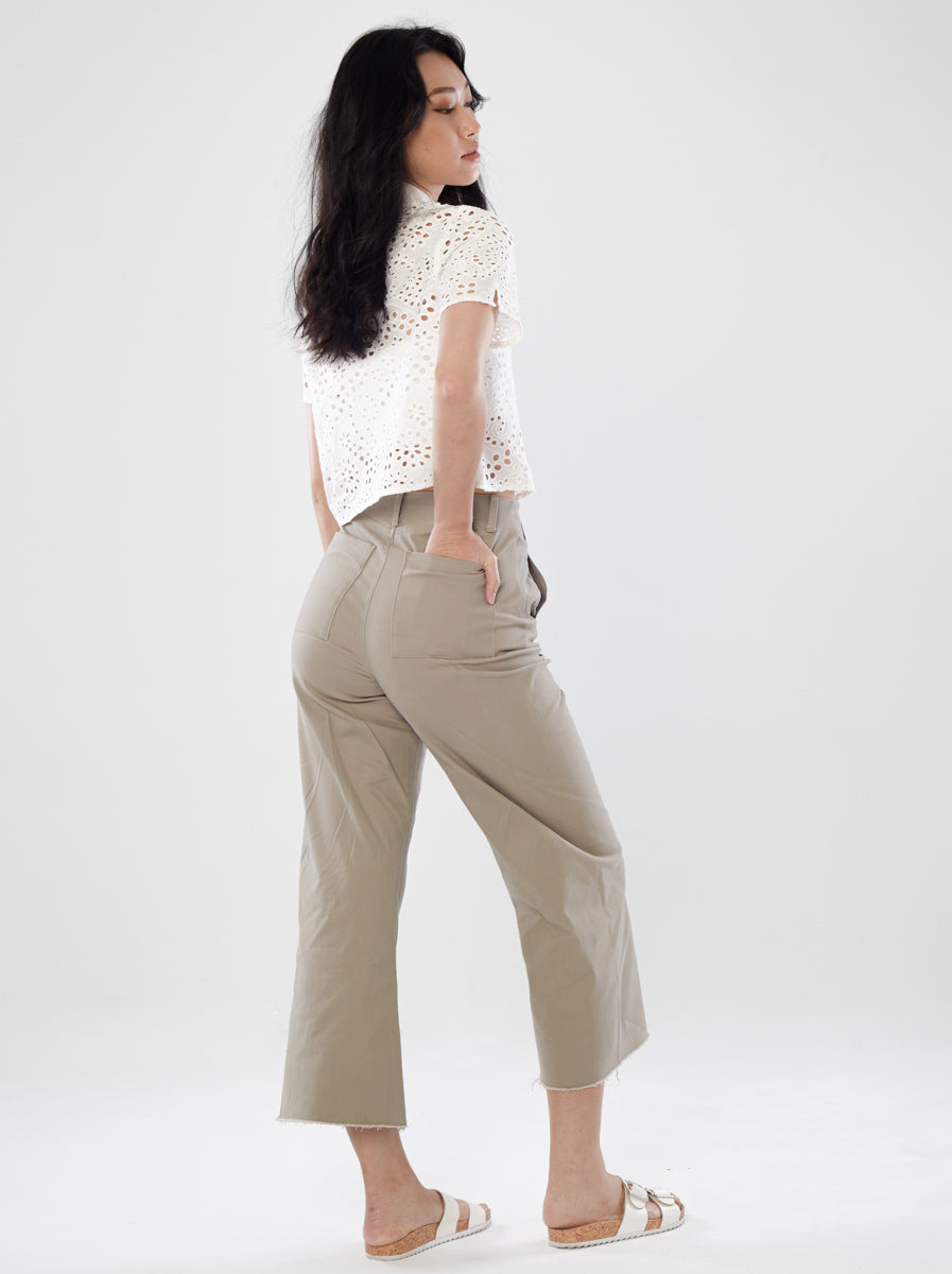 Wide-Leg Cut Pants with Frilled Hem