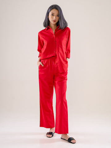 Linen Trousers With Elastic Waistband - Red