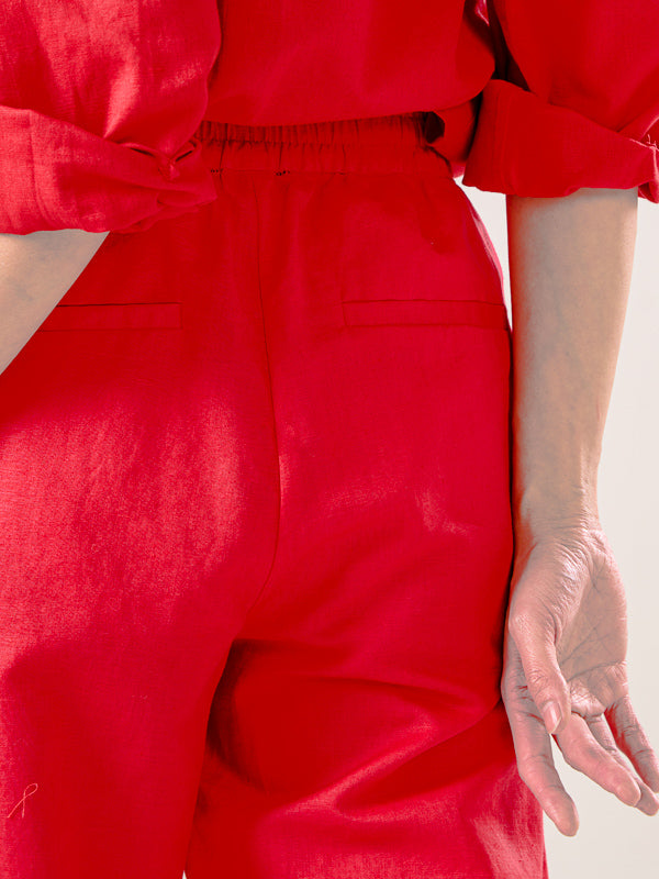 Linen Trousers With Elastic Waistband - Red