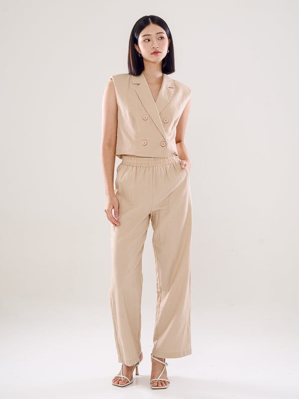 Linen Trousers With Elastic Waistband - Khaki