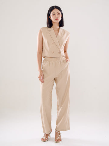 Linen Trousers With Elastic Waistband - Khaki