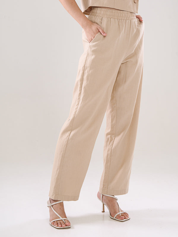 Linen Trousers With Elastic Waistband - Khaki
