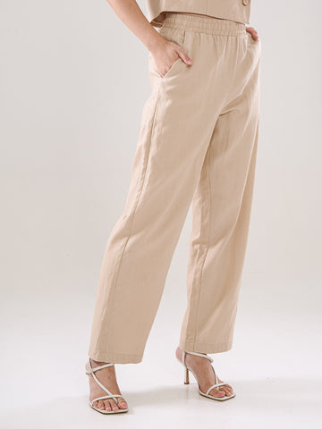 Linen Trousers With Elastic Waistband - Khaki