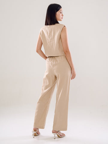 Linen Trousers With Elastic Waistband - Khaki