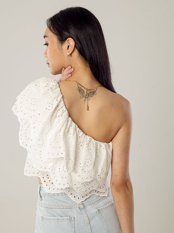 One Shoulder Ruffled Broderie Anglaise Top