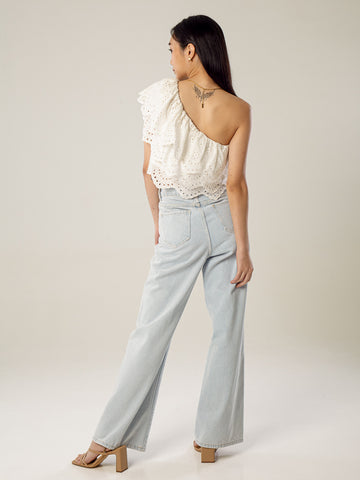 One Shoulder Ruffled Broderie Anglaise Top