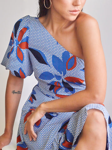 One-Shoulder Printed Ruffled Dress
