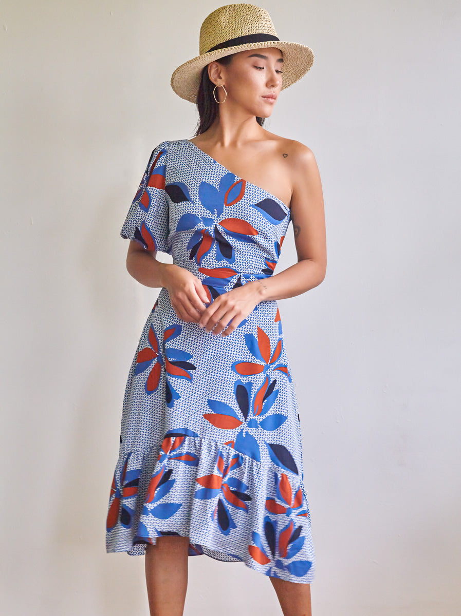 One-Shoulder Printed Ruffled Dress