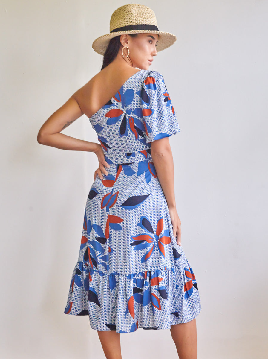 One-Shoulder Printed Ruffled Dress