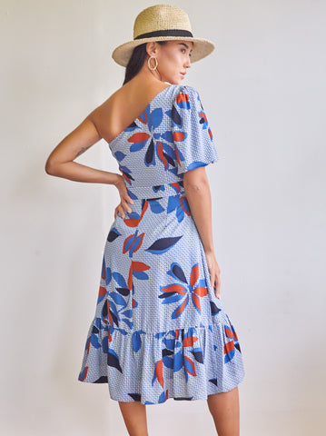 One-Shoulder Printed Ruffled Dress