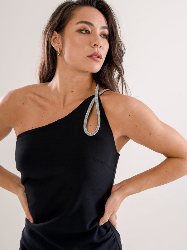 One Shoulder Dress With Asymmetric Bustier Top - Black