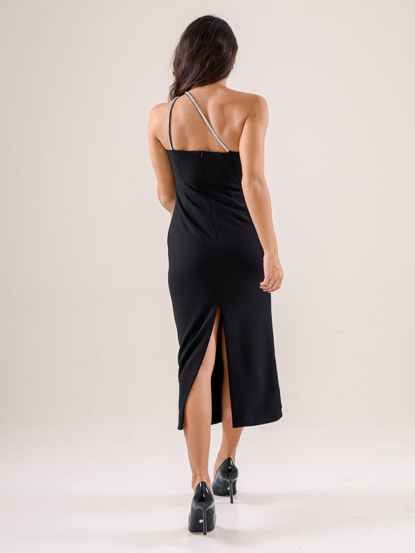 One Shoulder Dress With Asymmetric Bustier Top - Black
