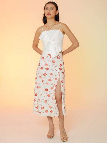 Printed Linen Slit Skirt - White