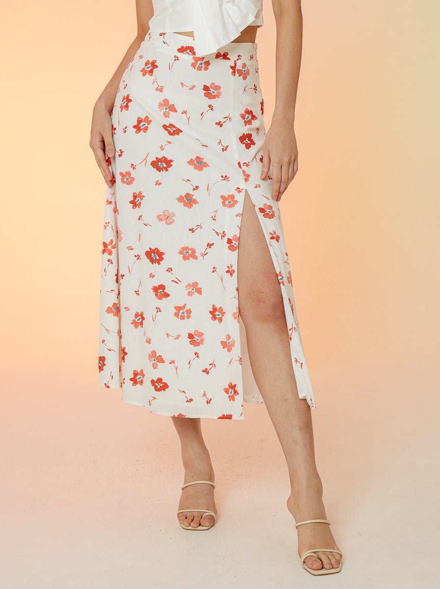 Printed Linen Slit Skirt - White