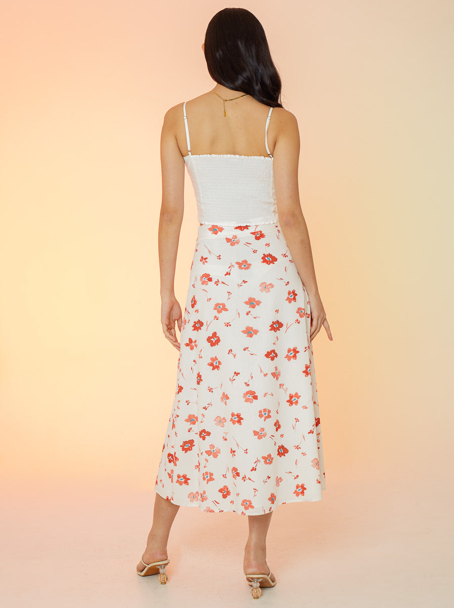 Printed Linen Slit Skirt - White