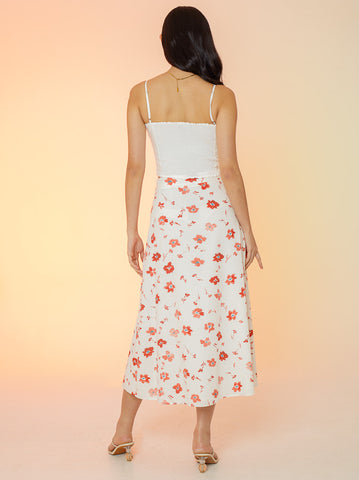 Printed Linen Slit Skirt - White