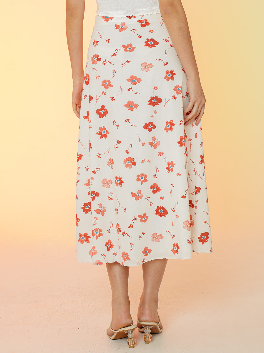Printed Linen Slit Skirt - White