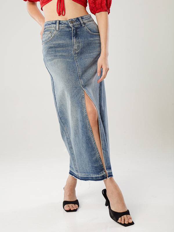 Denim Midi Skirt - Light Blue