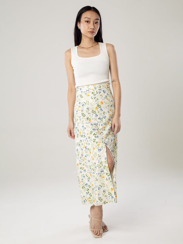 Printed Linen Slit Skirt - Cream