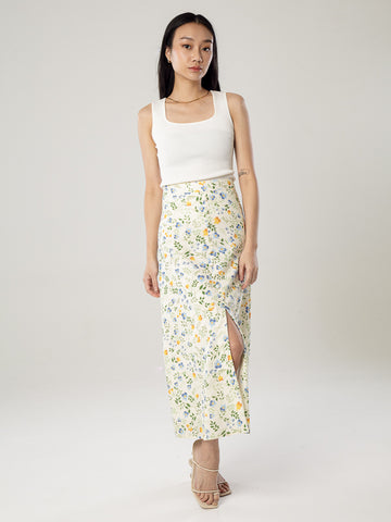 Printed Linen Slit Skirt - Cream