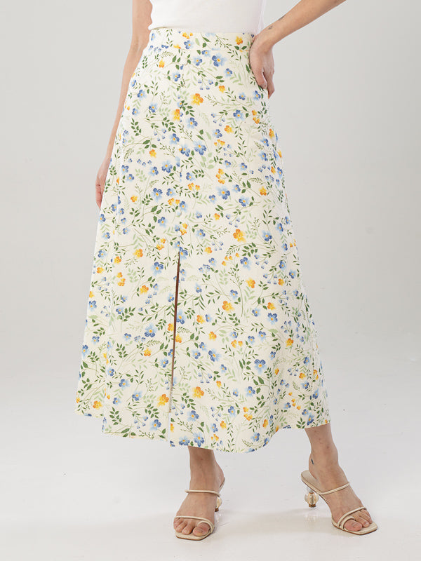 Printed Linen Slit Skirt - Cream