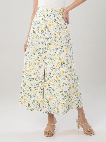 Printed Linen Slit Skirt - Cream