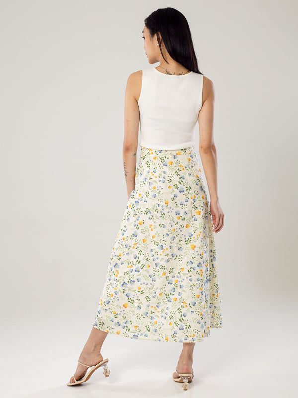 Printed Linen Slit Skirt - Cream