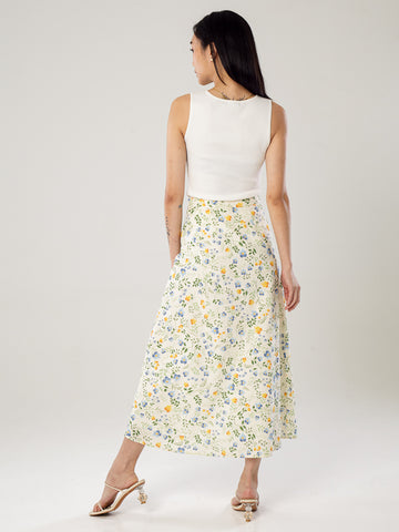 Printed Linen Slit Skirt - Cream