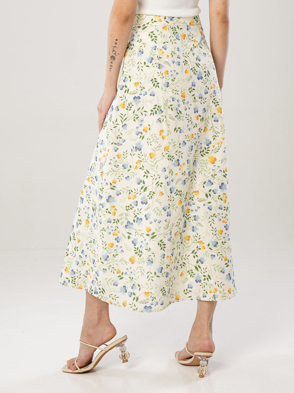 Printed Linen Slit Skirt - Cream