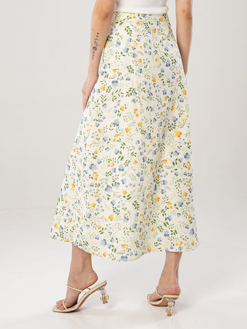 Printed Linen Slit Skirt - Cream