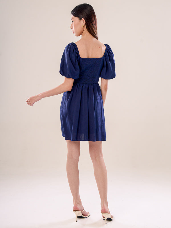 Linen Puff Sleeve Short Dress