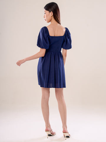 Linen Puff Sleeve Short Dress