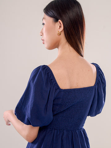 Linen Puff Sleeve Short Dress