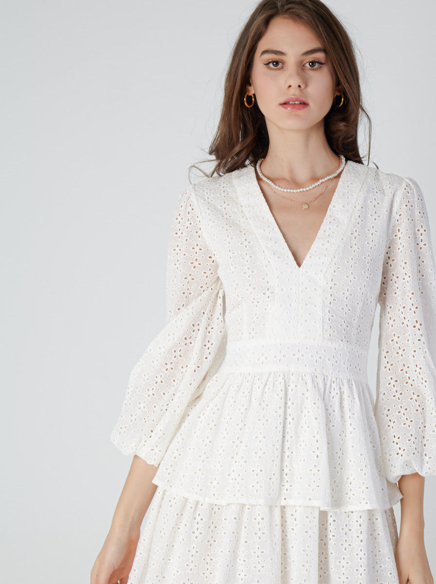 Cotton Eyelet Deep-V Short Dress