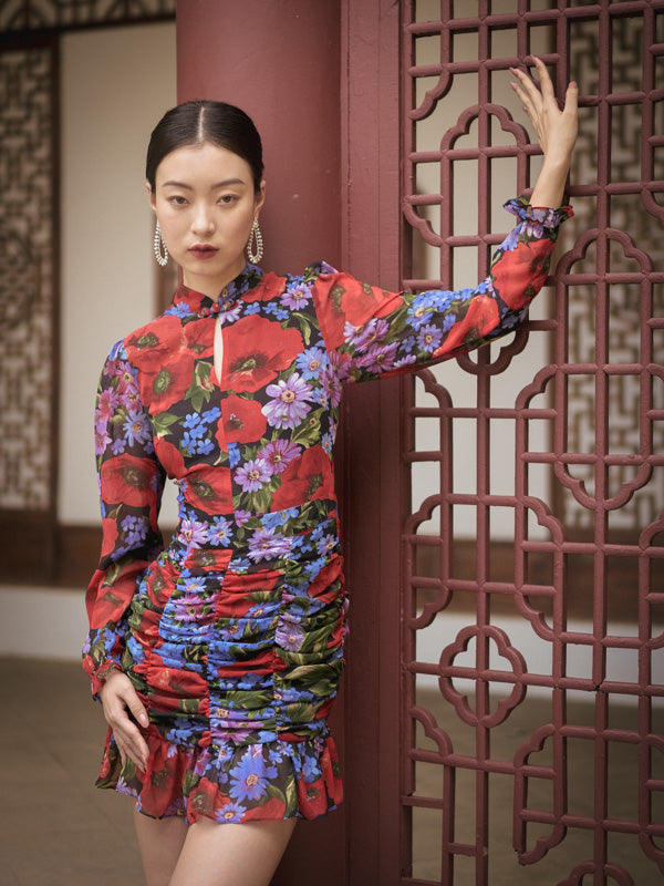 High Neckline With Gathers-Detailed Dress - Red