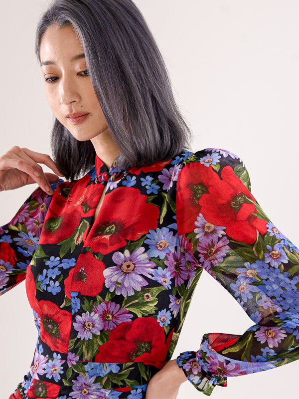 High Neckline With Gathers-Detailed Dress - Red