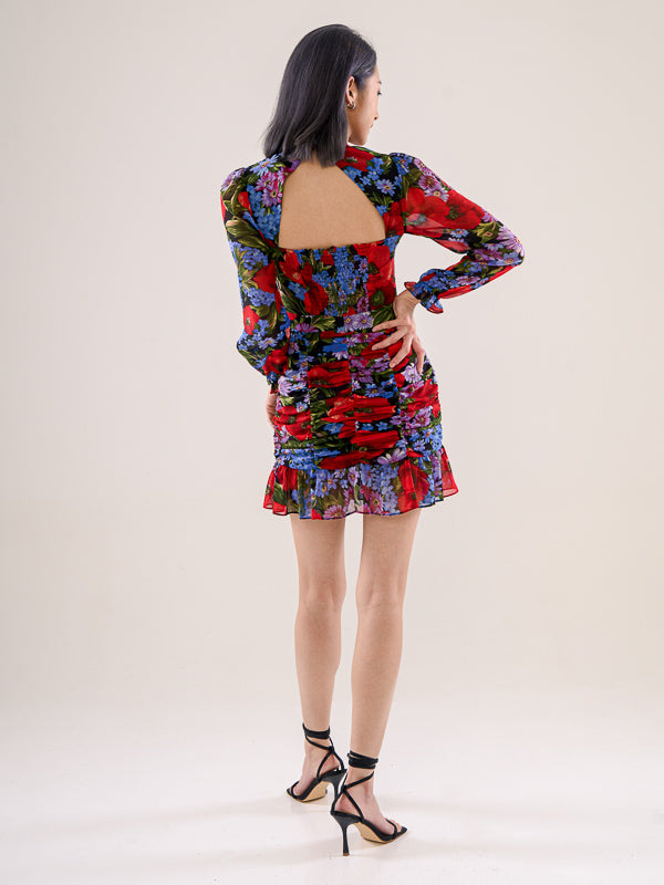 High Neckline With Gathers-Detailed Dress - Red