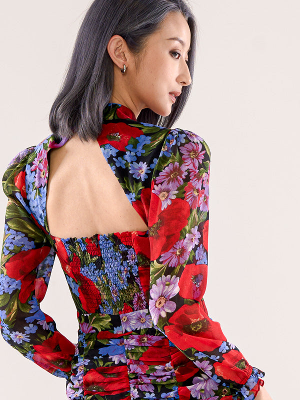 High Neckline With Gathers-Detailed Dress - Red