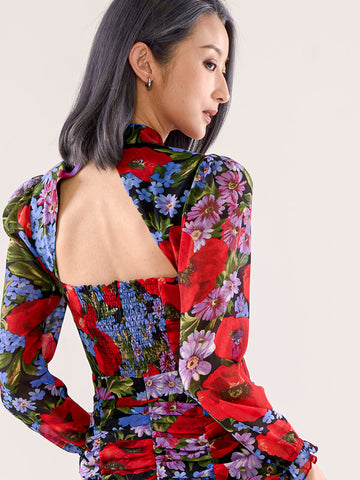 High Neckline With Gathers-Detailed Dress - Red