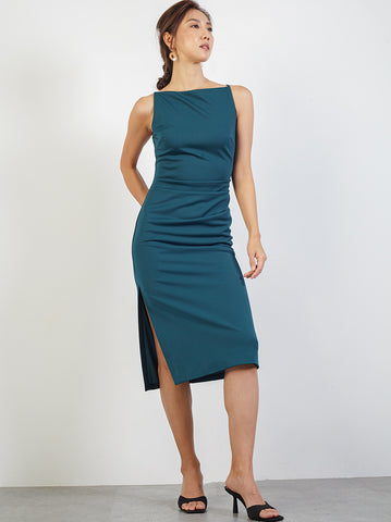 Boat Neckline Dress With Front Pleats