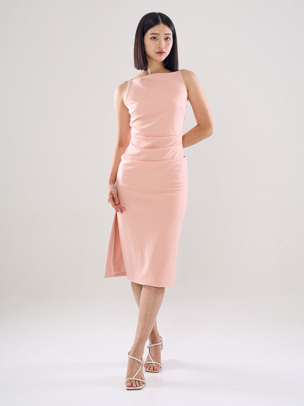 Boat Neckline Dress With Front Pleats