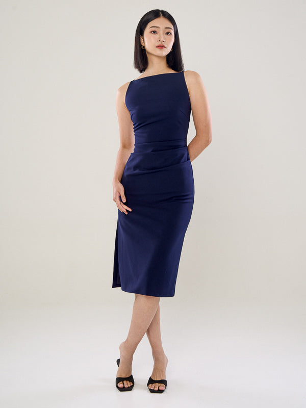 Boat Neckline Dress With Front Pleats
