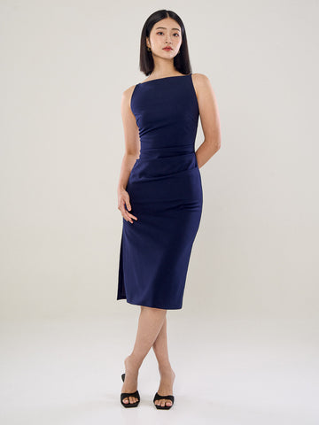 Boat Neckline Dress With Front Pleats
