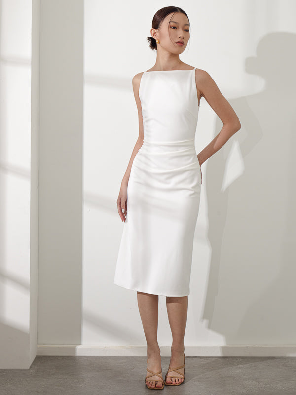 Boat Neckline Dress With Front Pleats