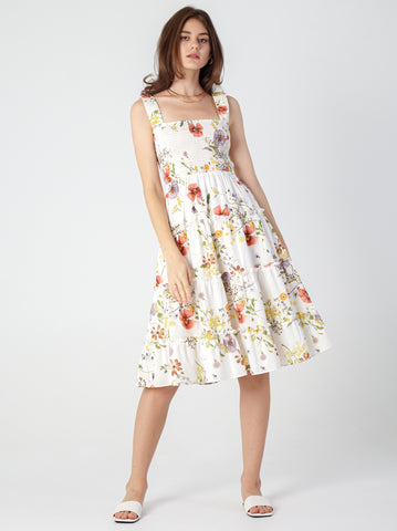 Printed Linen Smoked Camisole Dress