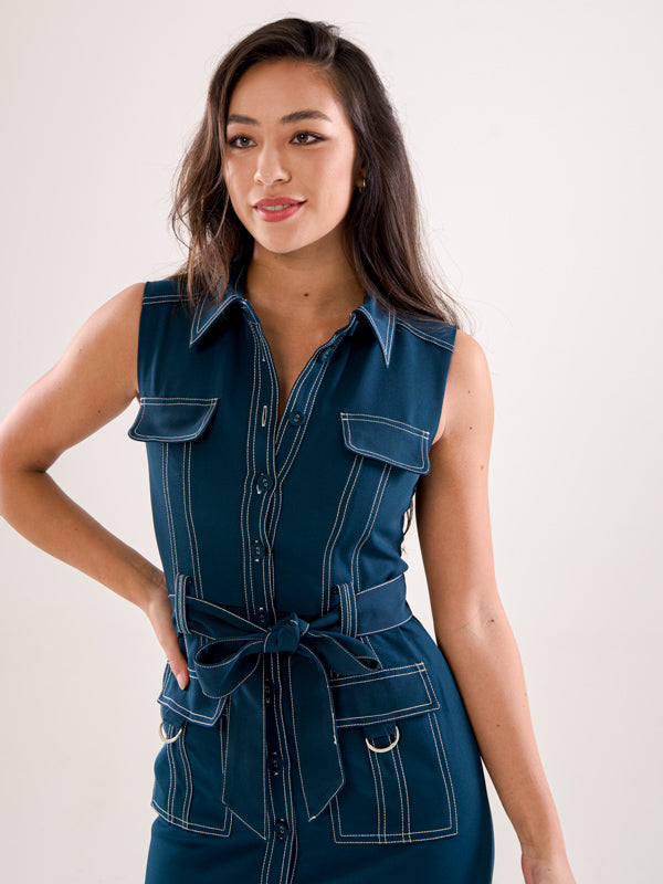 Collared Sleeveless Front Pocket Dress