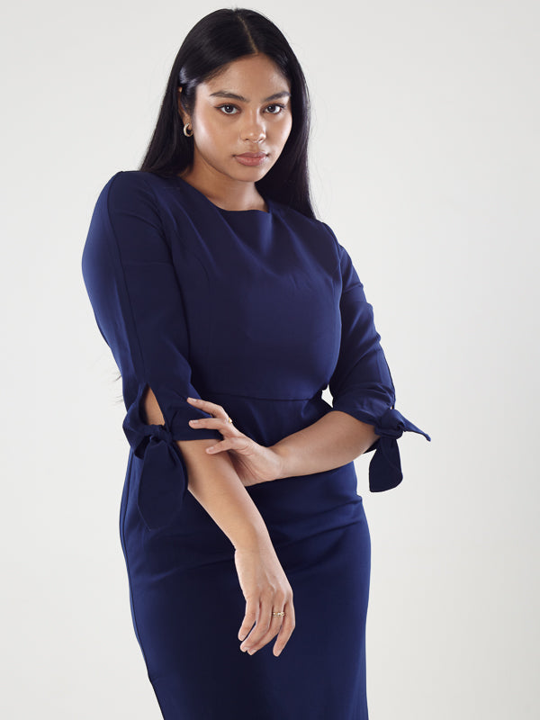 Knee Length Dress With Tie-Up Sleeves