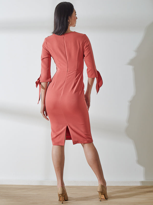 Knee Length Dress With Tie-Up Sleeves